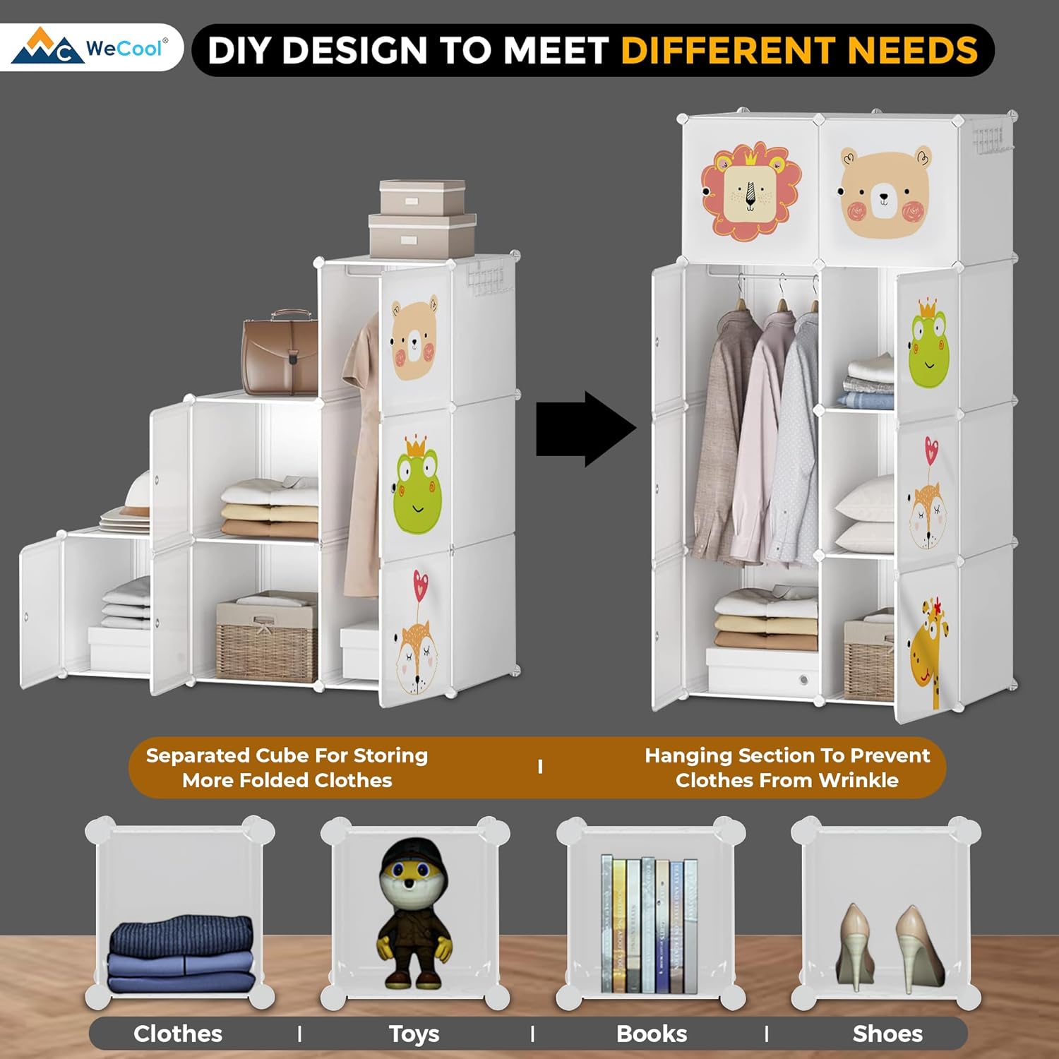 CoolLeaf CW-BC8 Almirah for Clothes, Plastic Wardrobe for Clothes 8-Doors,Multipurpose Collapsible Wardrobe for Kids clothes/Toy/Book,Baby Cupboard