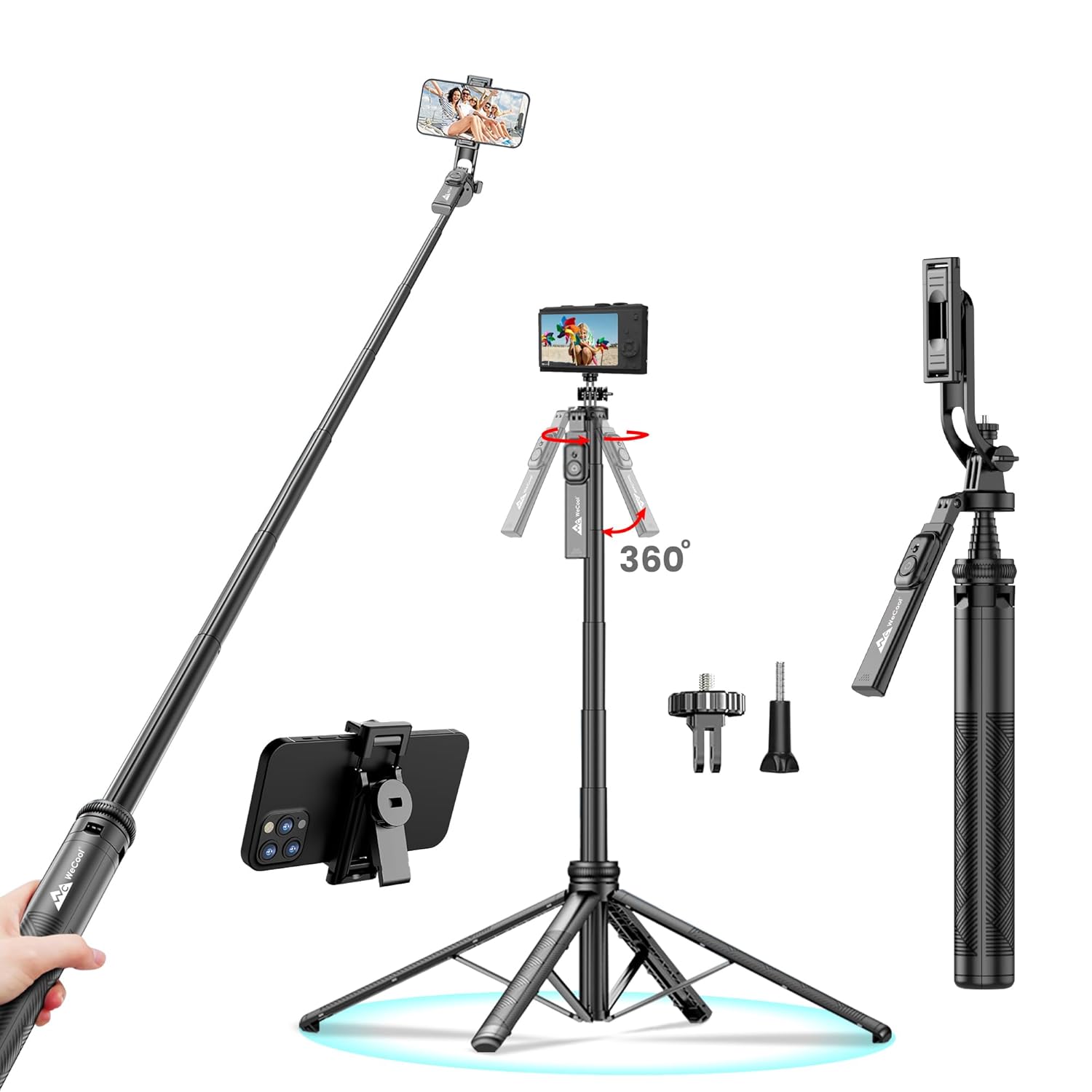 WeCool S7 Selfie Stick with tripod stand, 71 inches Ultra Long with Reinforced Quad Stand, 360° Rotatable Handle with Detachable Bluetooth